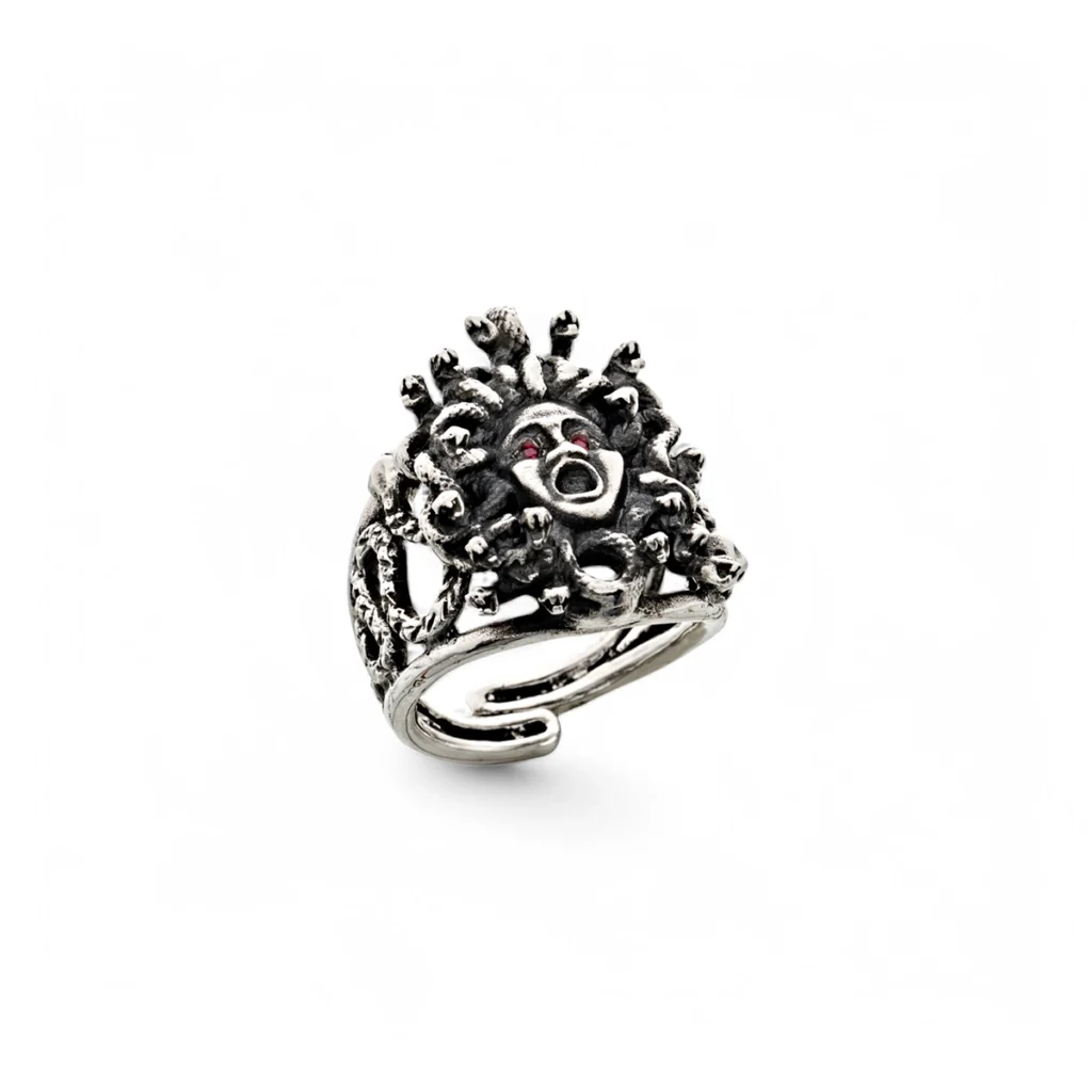 Anello 2 gorgone medusa argento rubini carlo izzo gioielli jewelry